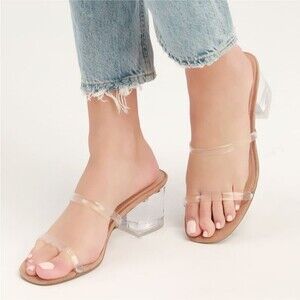 STEVE MADDEN Issy Clear Vinyl Mules Lucite Block Heel Strappy Sandals Women's 8